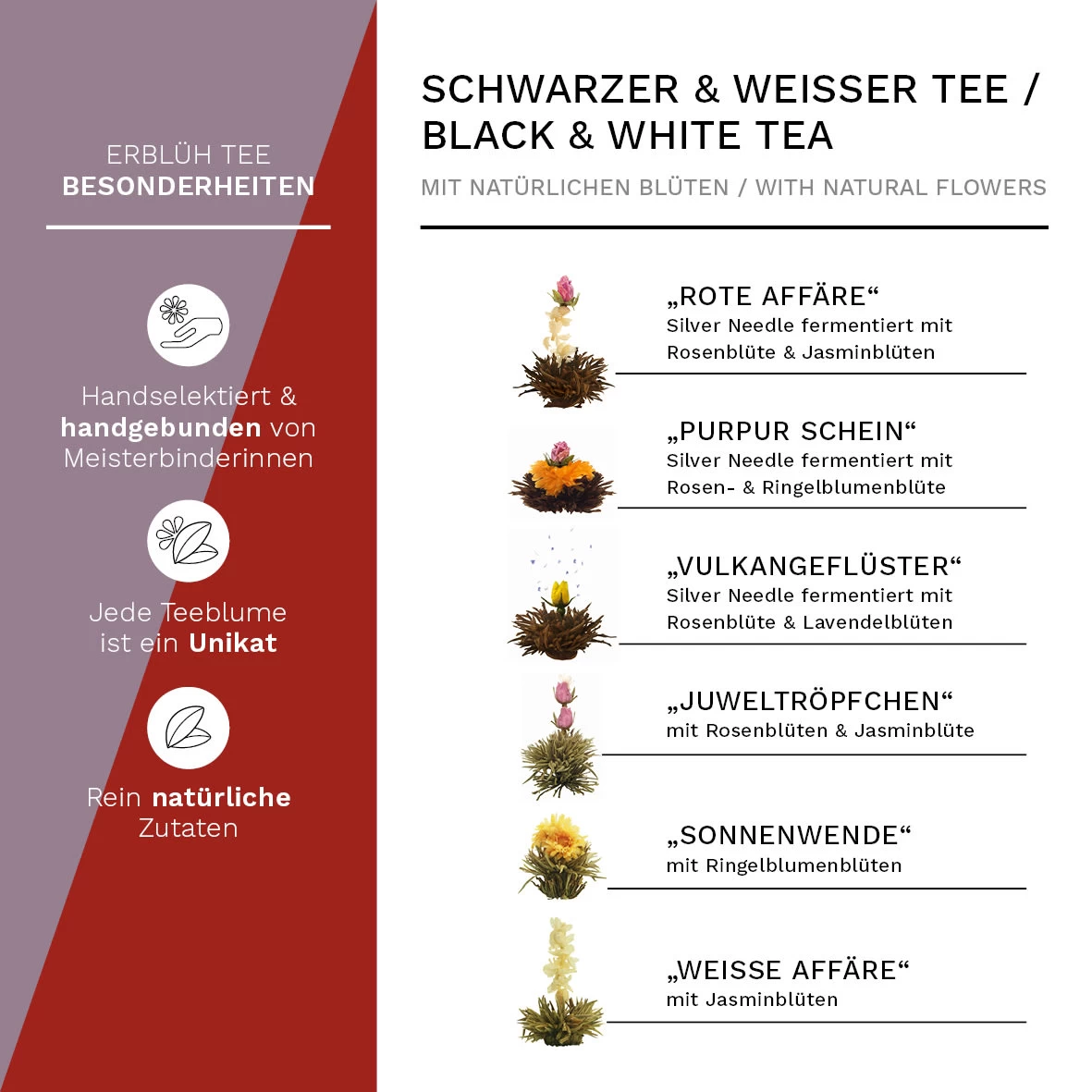 7tlg. Set: 6 Teeblumen "ErblühTee Weißer Und Schwarzer Tee" + 1 Teekanne 500ml – Bild 2