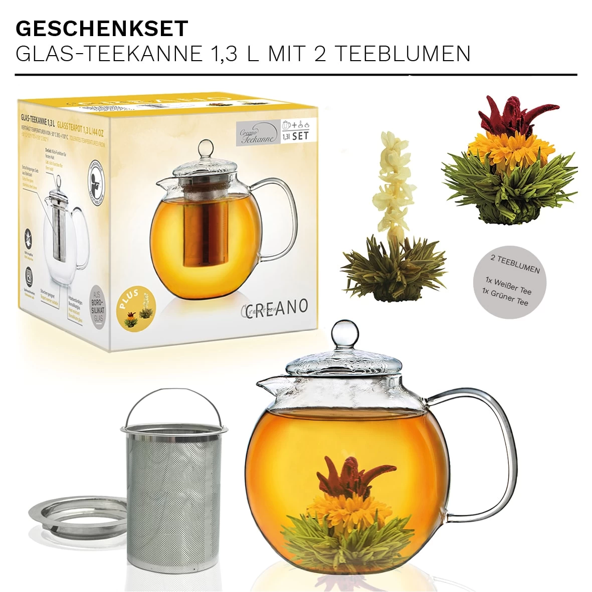 Teekannen-Geschenkset 1x Teekanne 1.3l Inkl. 2 Teeblumen Grüner + Weißer Tee – Bild 2