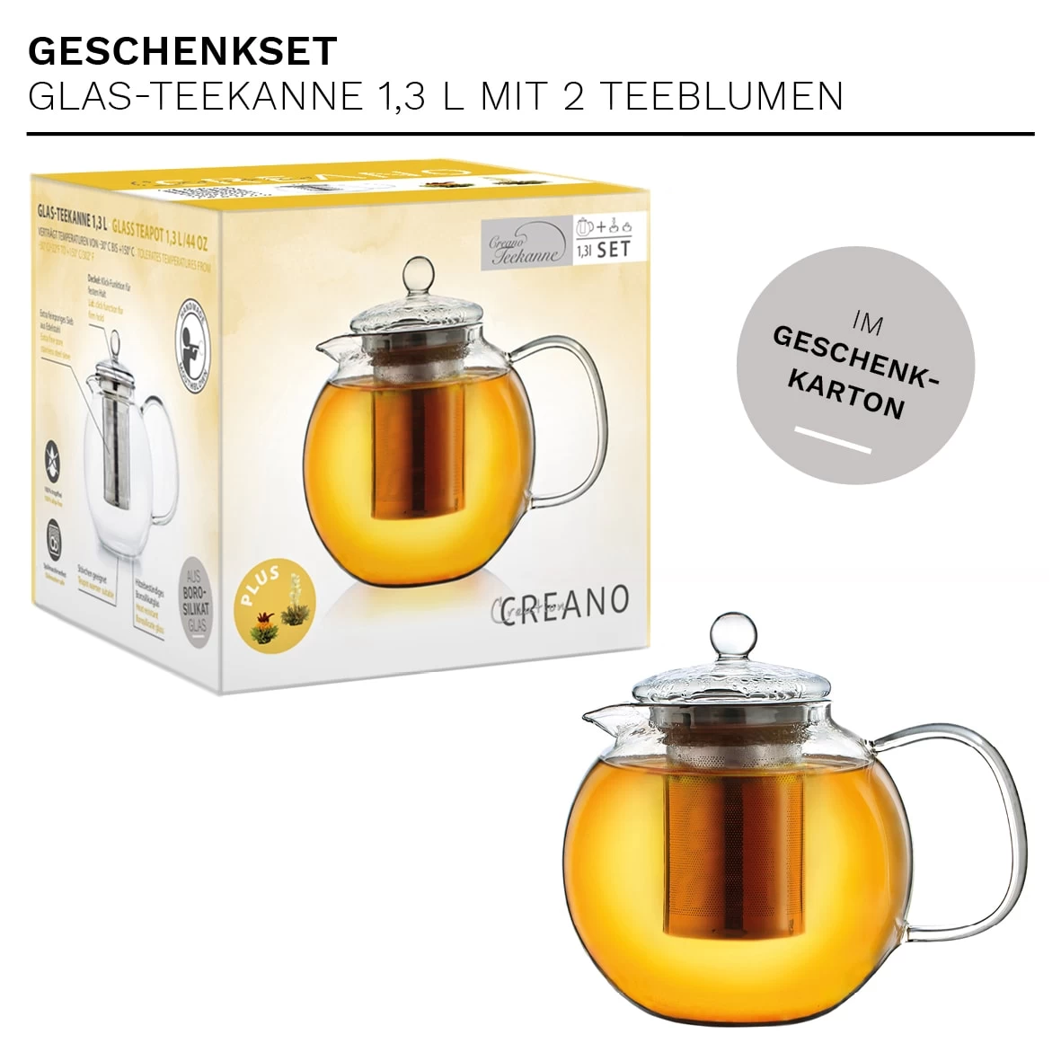 Teekannen-Geschenkset 1x Teekanne 1.3l Inkl. 2 Teeblumen Grüner + Weißer Tee – Bild 3