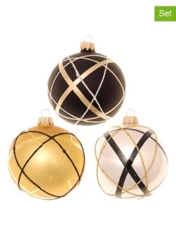Christbaumkugeln "Art Deco" In Creme/ Gold/ Schwarz - 3 Stück - Ø 8 Cm