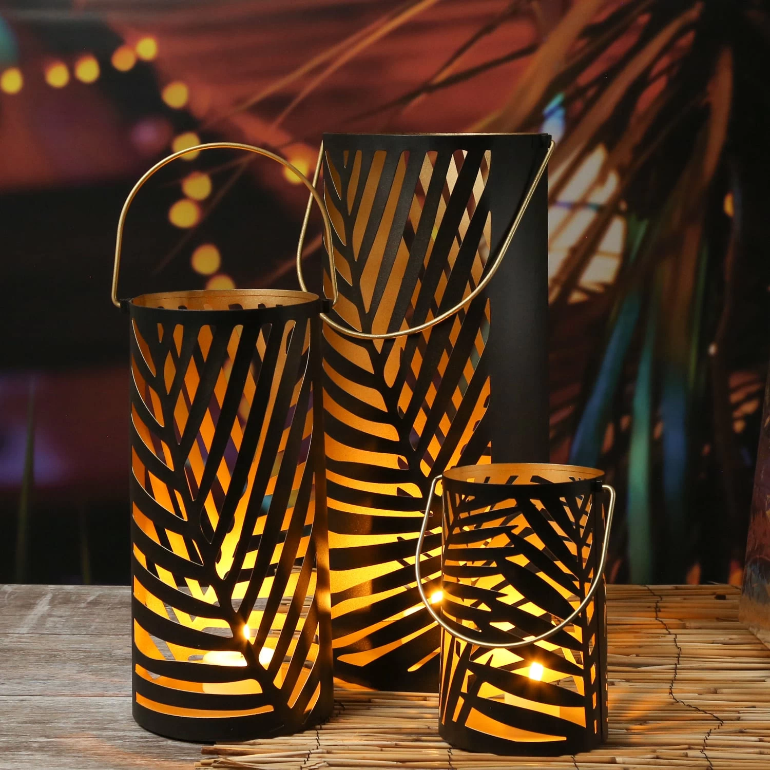 3er Sent Laternen Mit Blattmotiv Und Henkel In Schwarz/gold – Bild 2