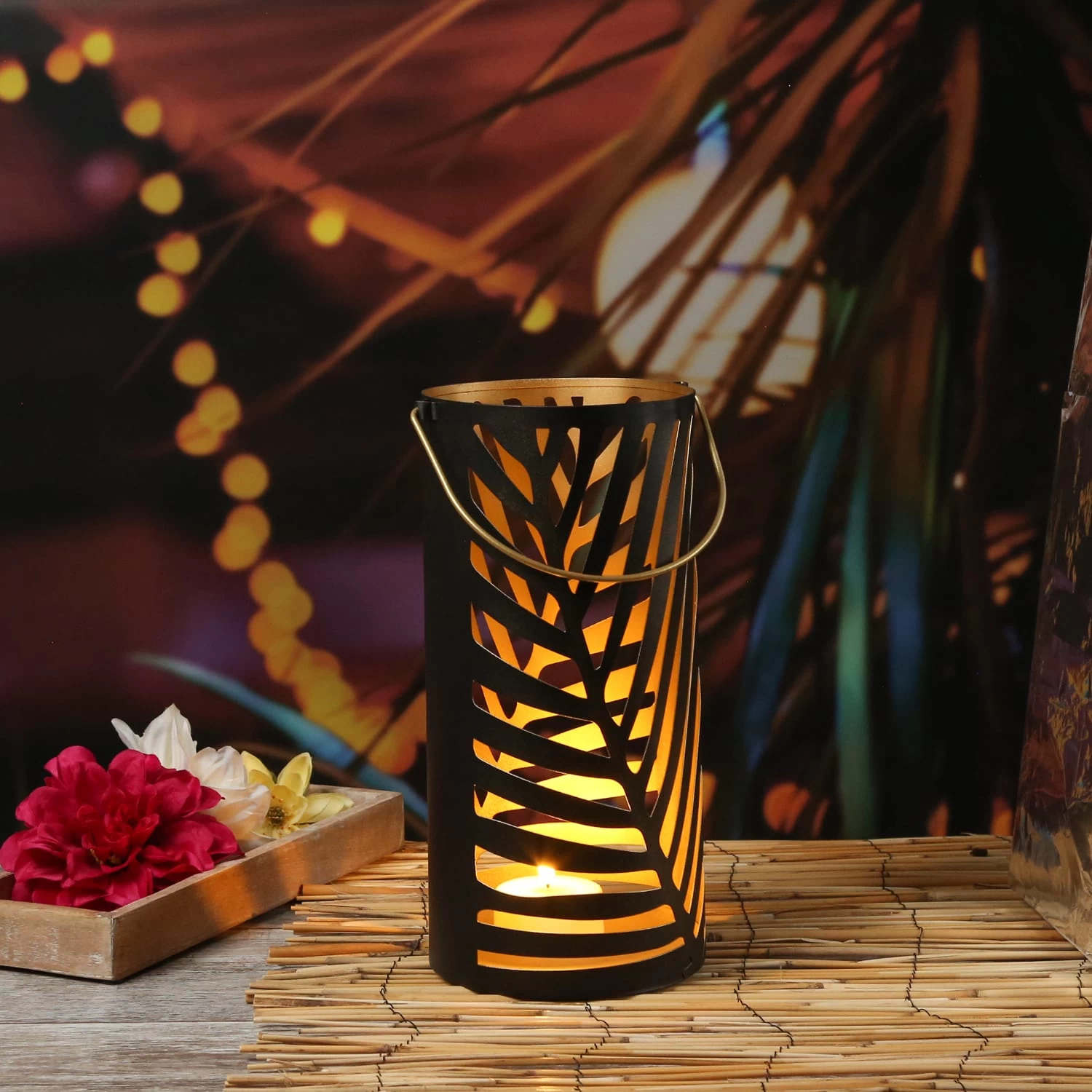 3er Sent Laternen Mit Blattmotiv Und Henkel In Schwarz/gold – Bild 4