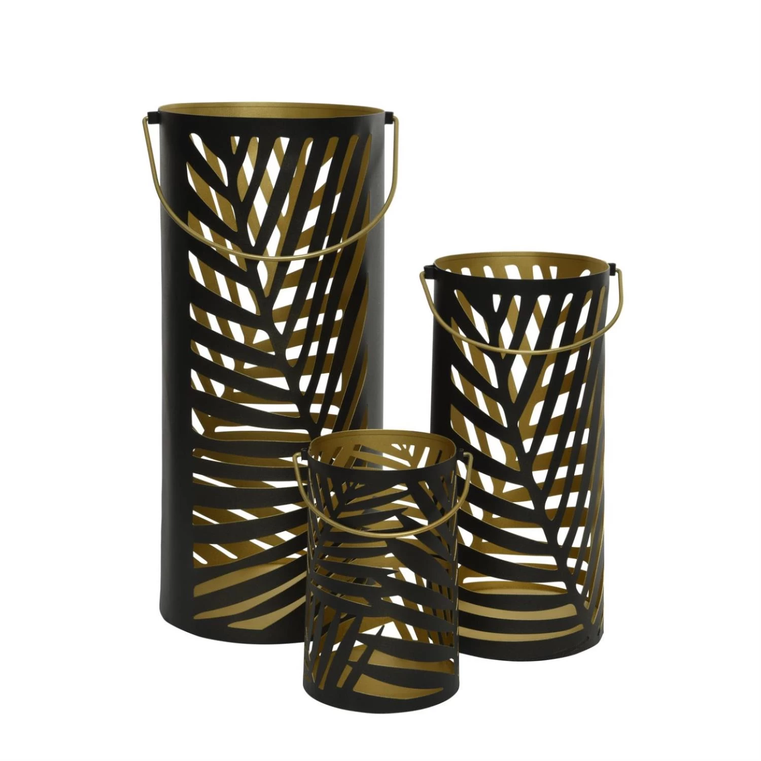 3er Sent Laternen Mit Blattmotiv Und Henkel In Schwarz/gold
