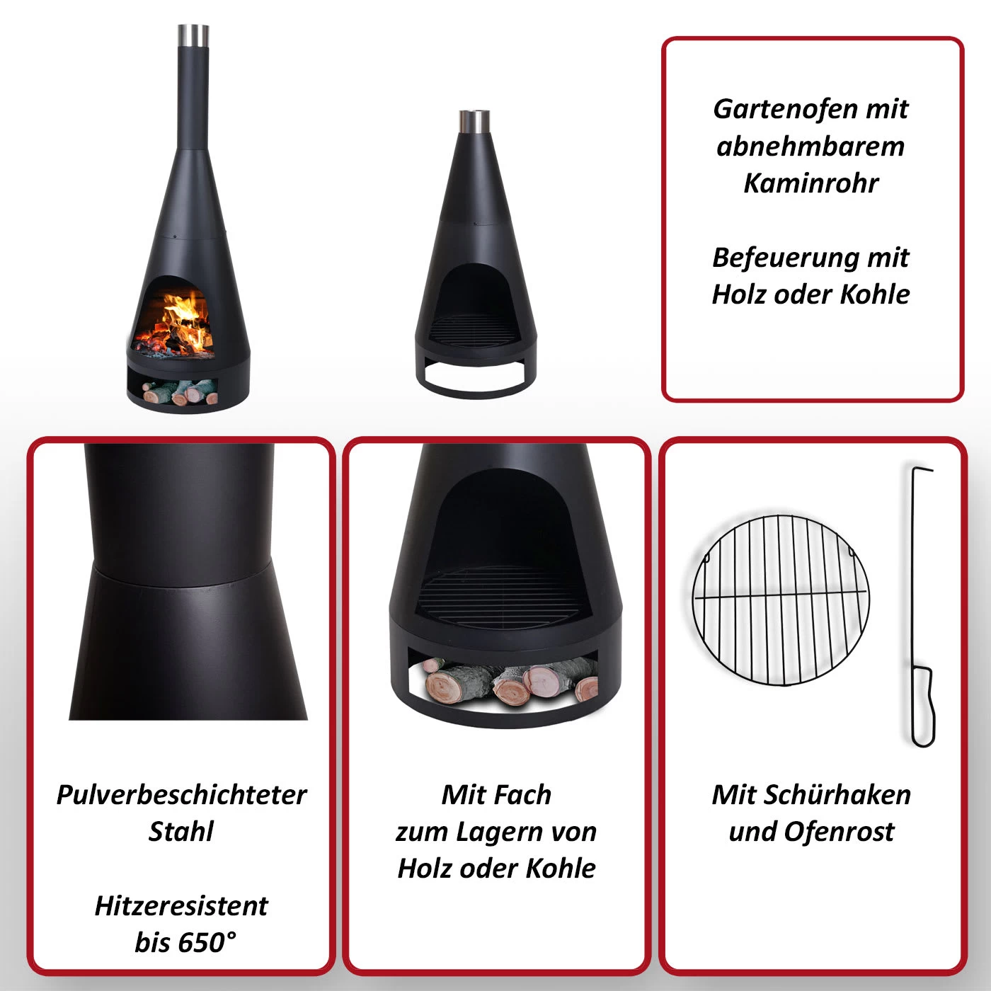 Gartenofen K90 Mit Schürhaken, 120x43cm Schwarz – Bild 2