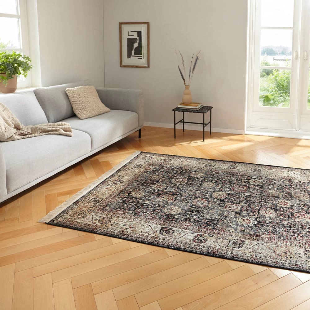 Orientalischer Viskose Teppich Fransen Nain Karun Schwarz – Bild 4