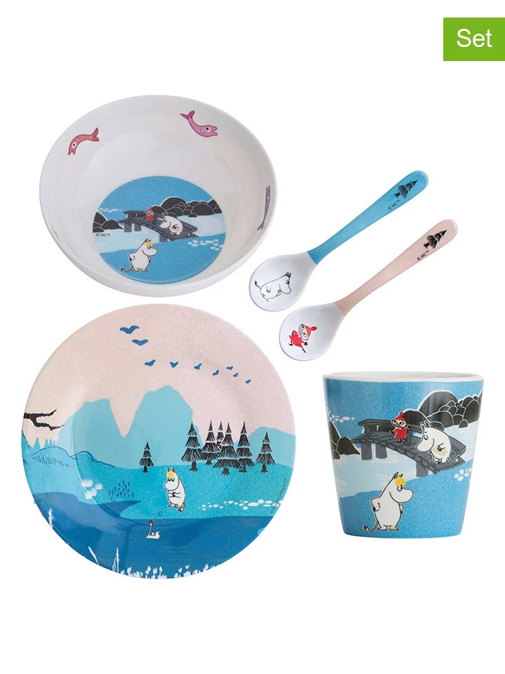 5tlg. Geschirrset "Moomin" In Türkis/ Rosa/ Weiß