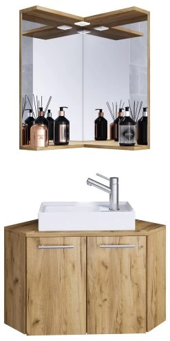 3-tlg. Eck Waschplatz Waschtisch Vilosa In Honig-Eiche