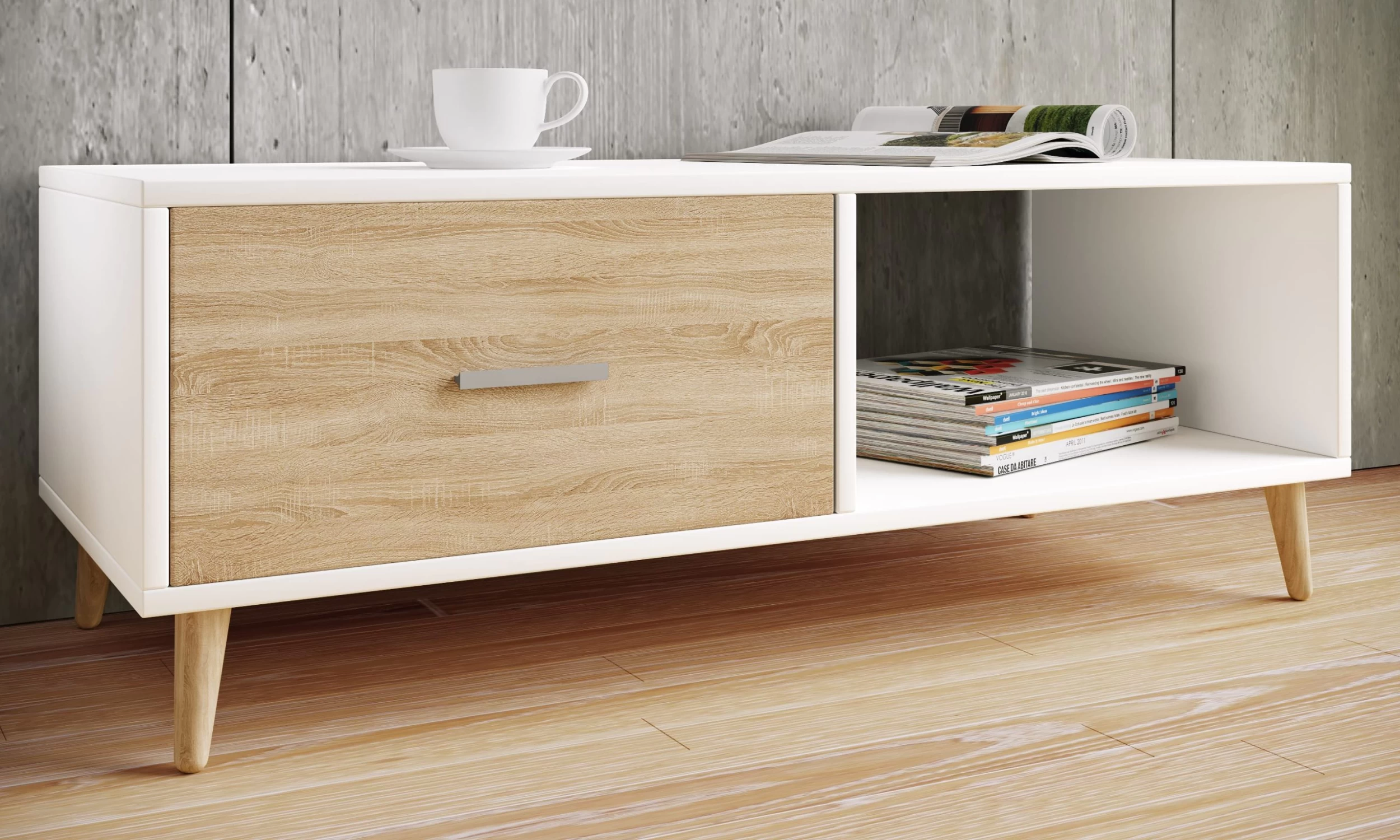 Sofatisch Couchtisch Schublade Lindas In Weiß / Honig-Eiche – Bild 3