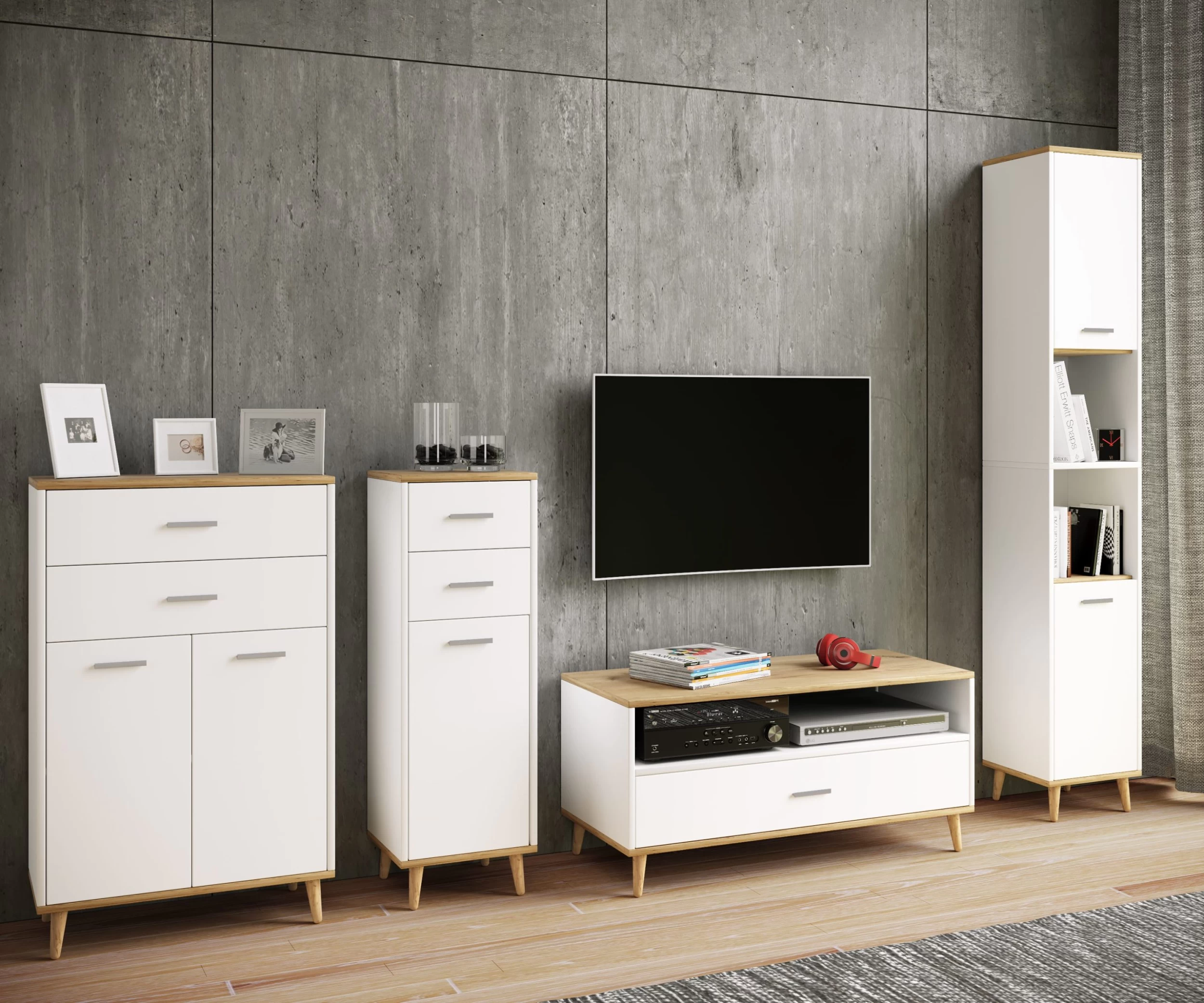 Sofatisch Couchtisch Schublade Lindas In Weiß / Honig-Eiche – Bild 4