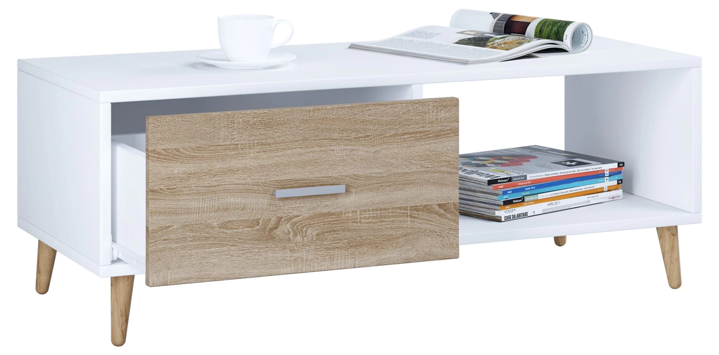 Sofatisch Couchtisch Schublade Lindas In Weiß / Honig-Eiche