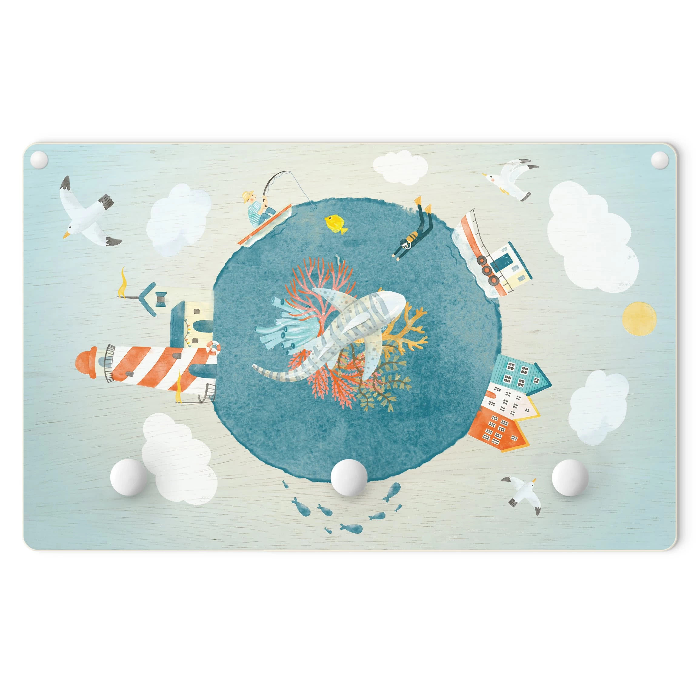 Kindergarderobe Holz - Buntes Treiben Auf Dem Meer In Blau