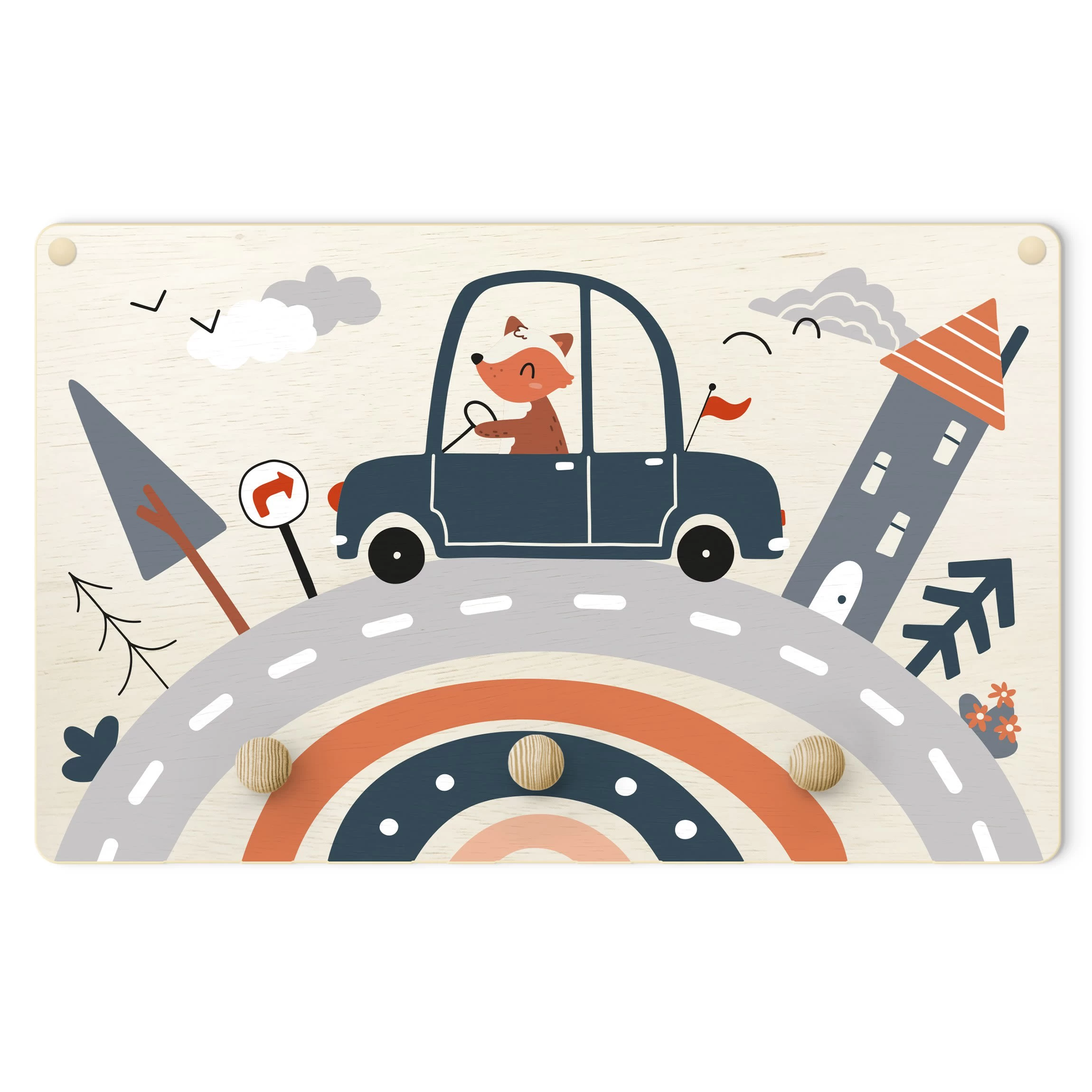Kindergarderobe Holz - Fröhlicher Fuchs Am Steuer In Bunt