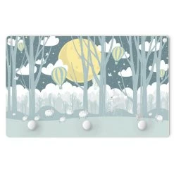 Kindergarderobe Holz - Mond Mit Bäumen Und Häusern In Blau