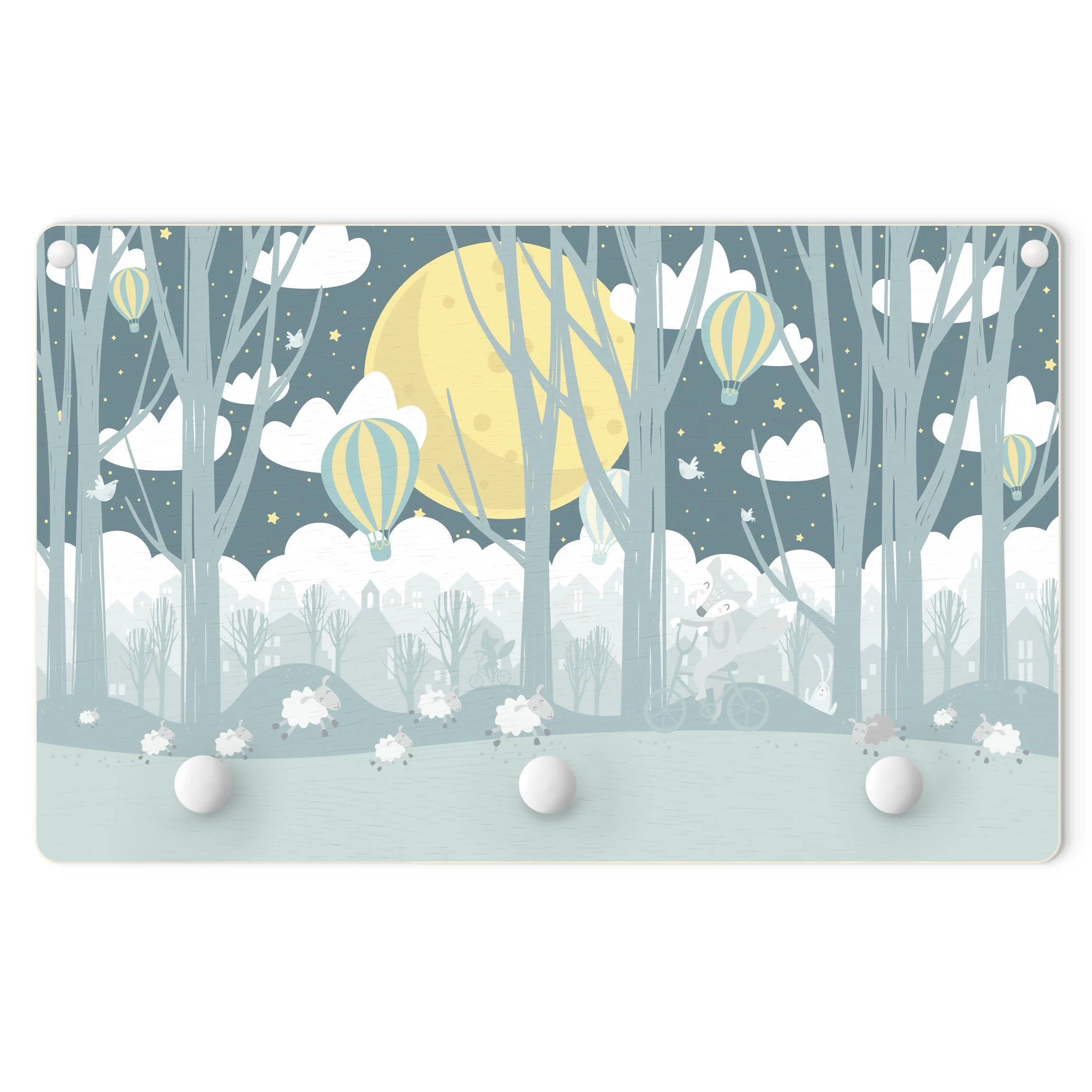 Kindergarderobe Holz - Mond Mit Bäumen Und Häusern In Blau