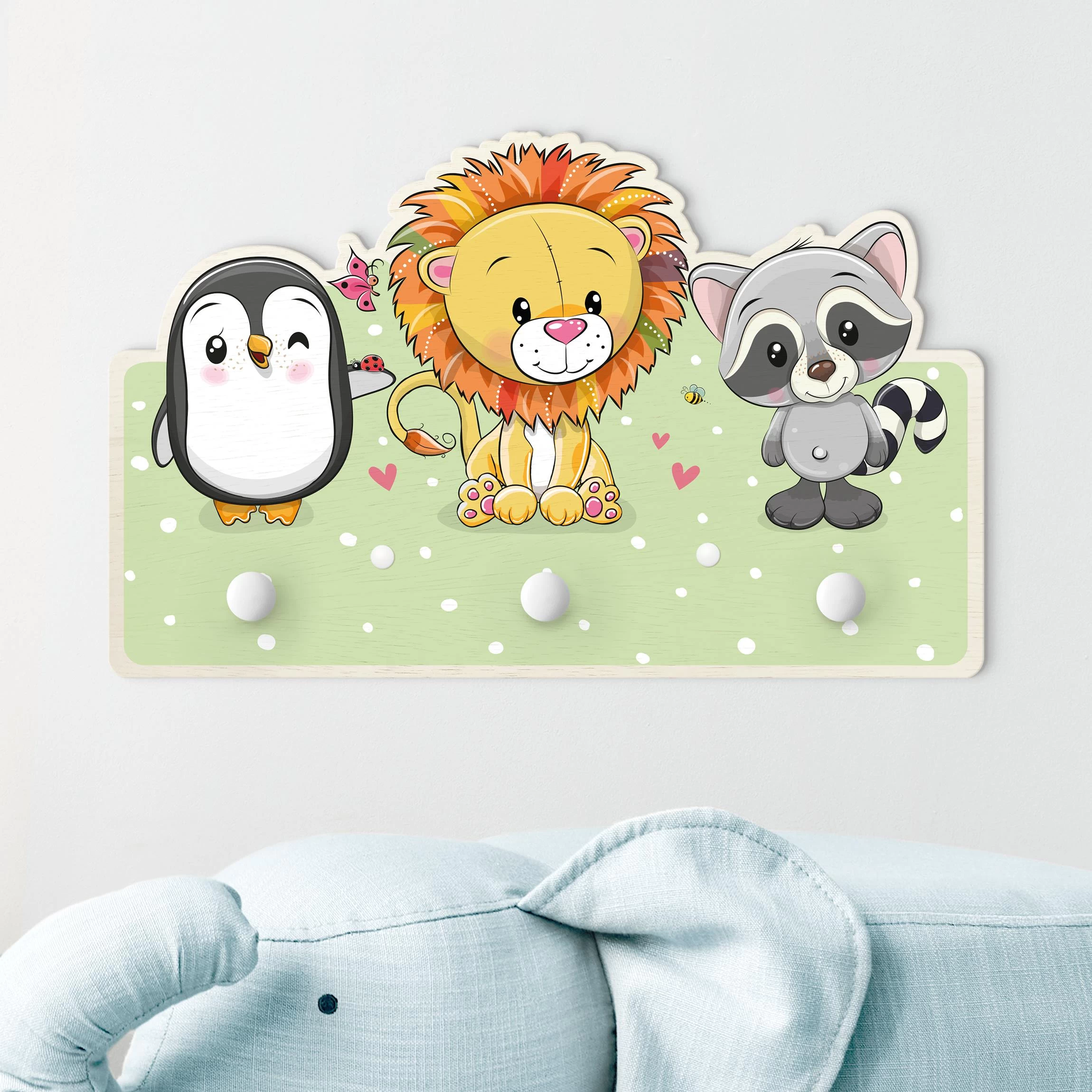 Kindergarderobe Holz - Pinguin Löwe Waschbär In Bunt – Bild 2