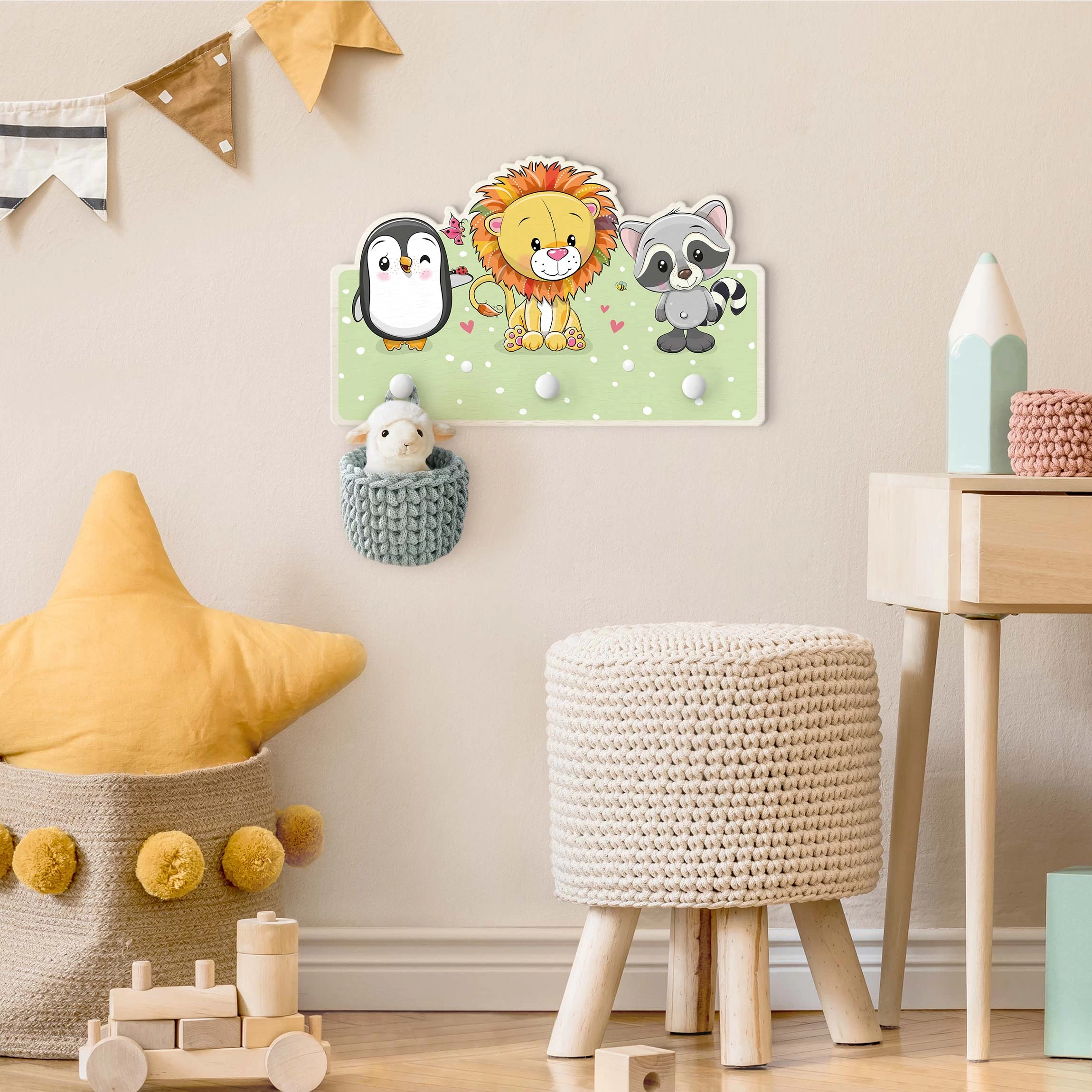 Kindergarderobe Holz - Pinguin Löwe Waschbär In Bunt – Bild 3