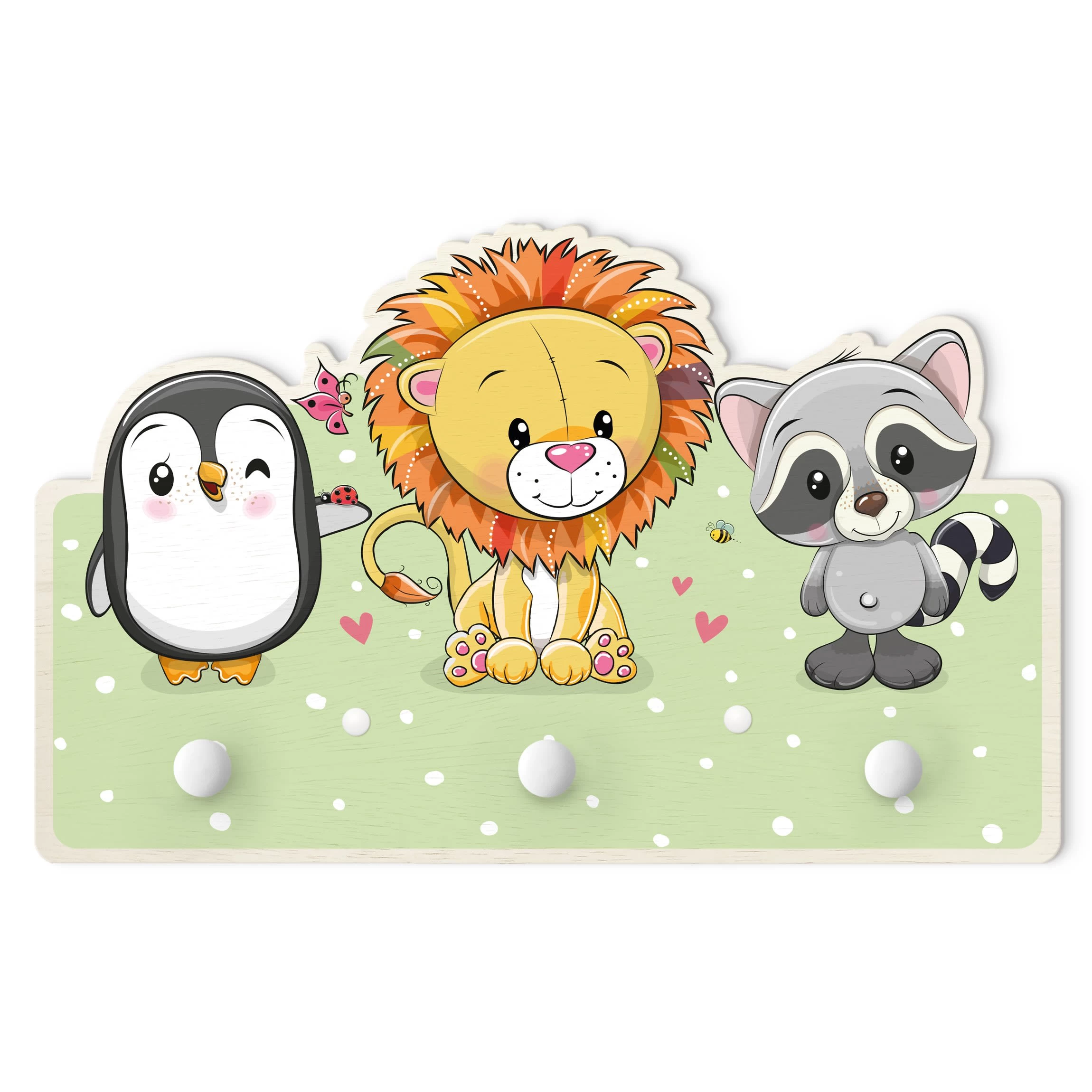 Kindergarderobe Holz - Pinguin Löwe Waschbär In Bunt