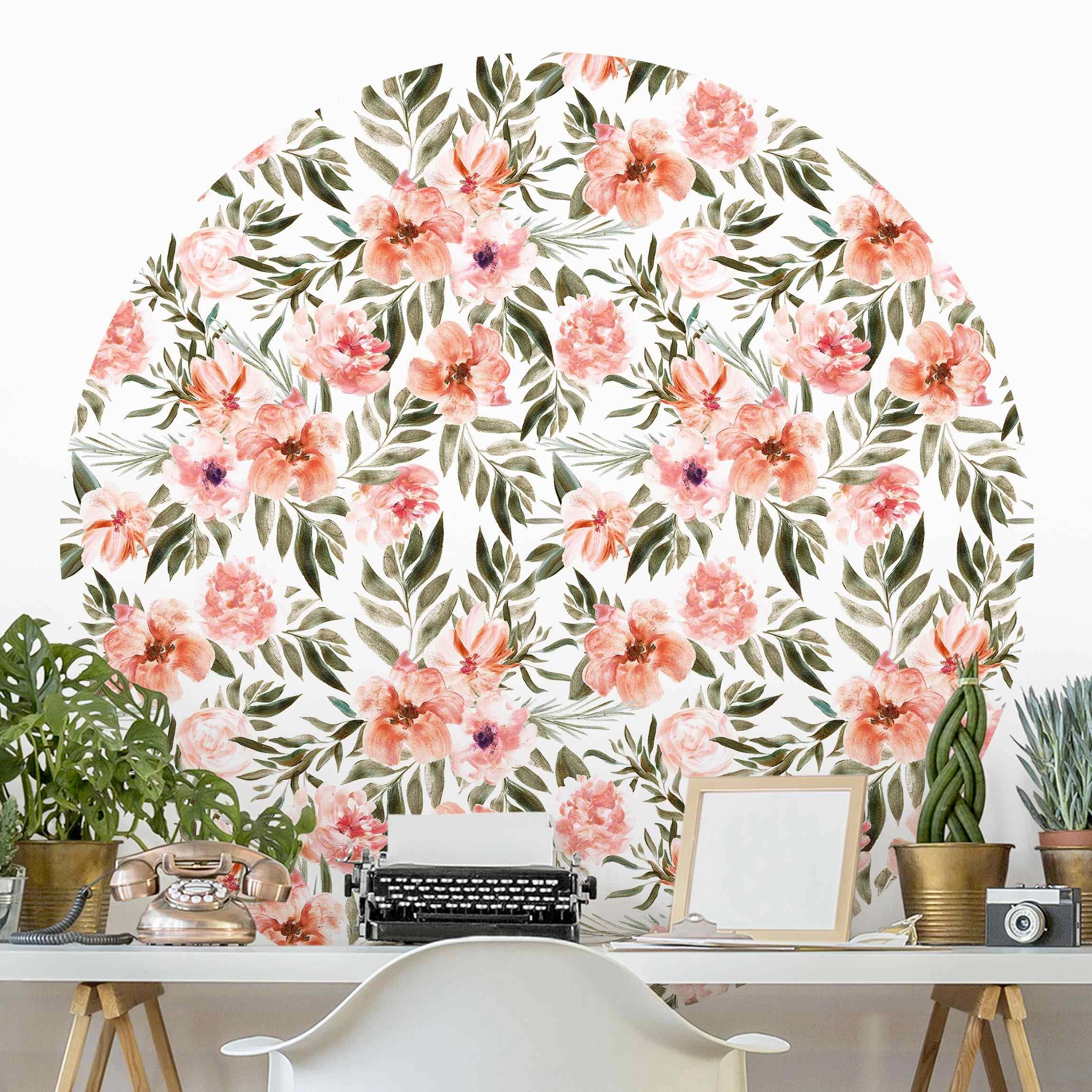Runde Tapete - Aquarell Rosa Blüten Vor Weiß In Rosa – Bild 2