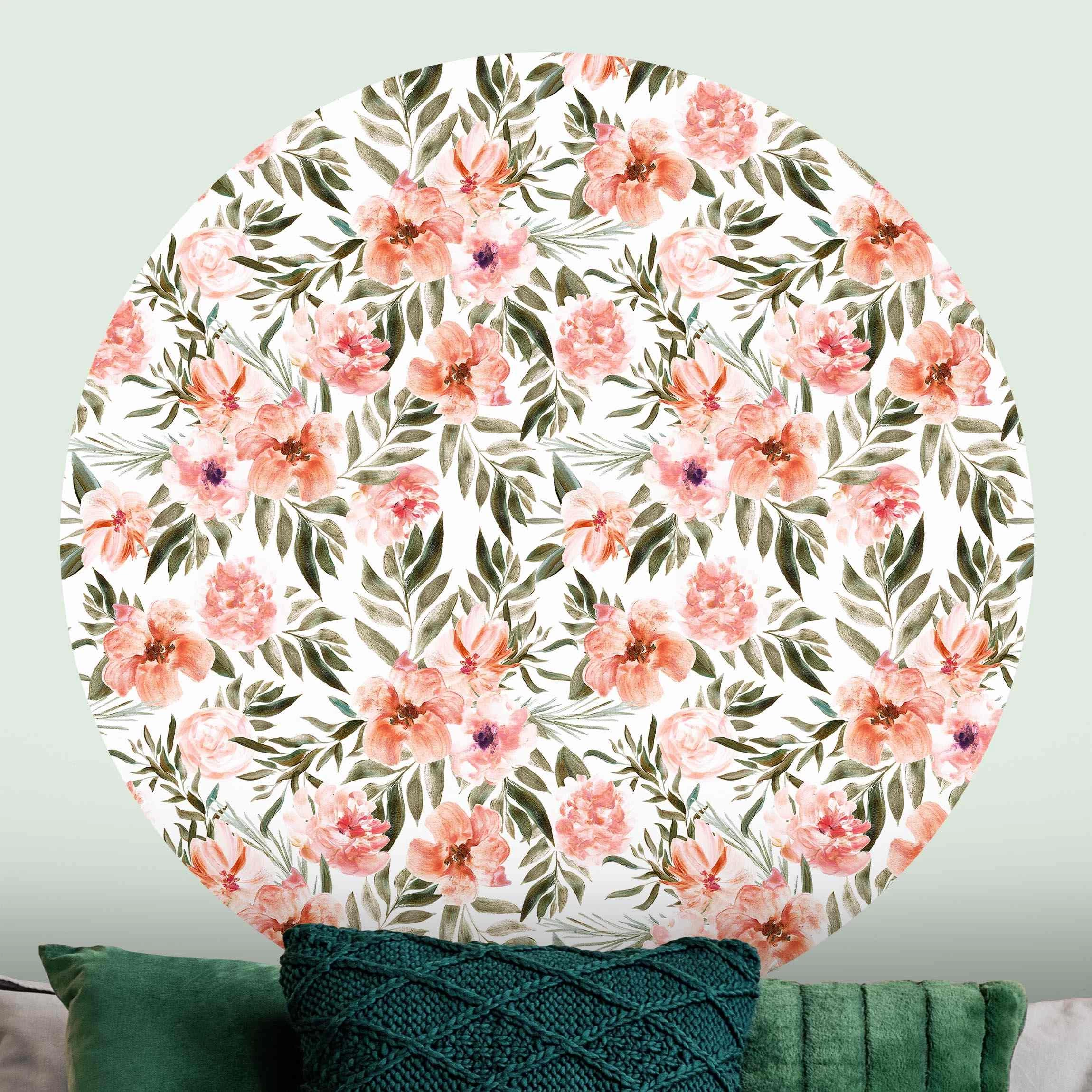 Runde Tapete - Aquarell Rosa Blüten Vor Weiß In Rosa – Bild 3