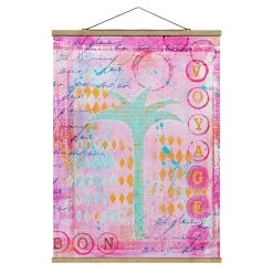 Stoffbild - Bunte Collage - Bon Voyage Mit Palme In Pink