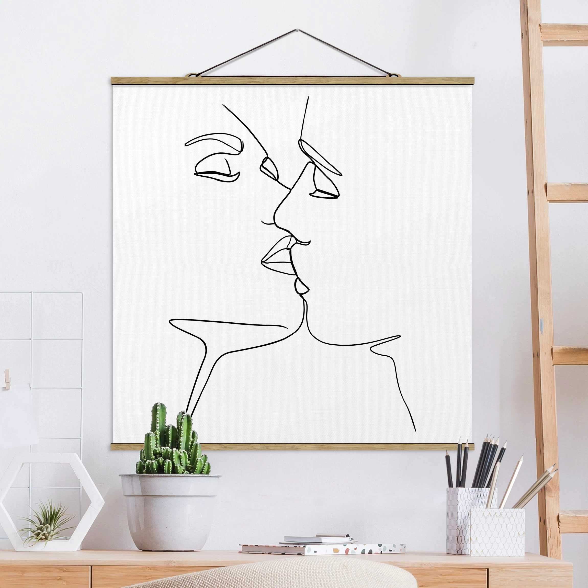 Stoffbild - Line Art Kuss Gesichter Schwarz Weiß In Schwarz-Weiß – Bild 2