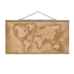 Stoffbild Mit Posterleisten - Antike Weltkarte In Creme-Beige