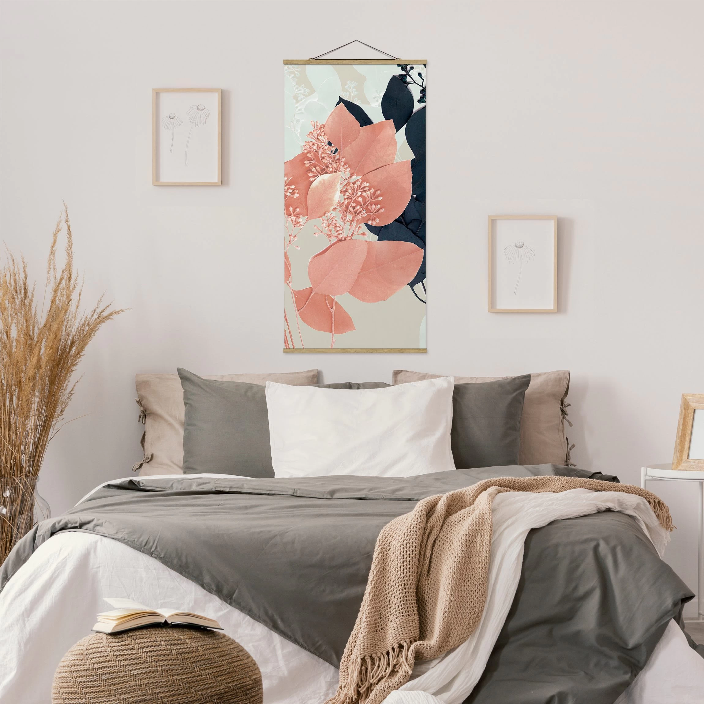 Stoffbild Mit Posterleisten - Blätter Indigo & Rouge III In Rosa – Bild 3