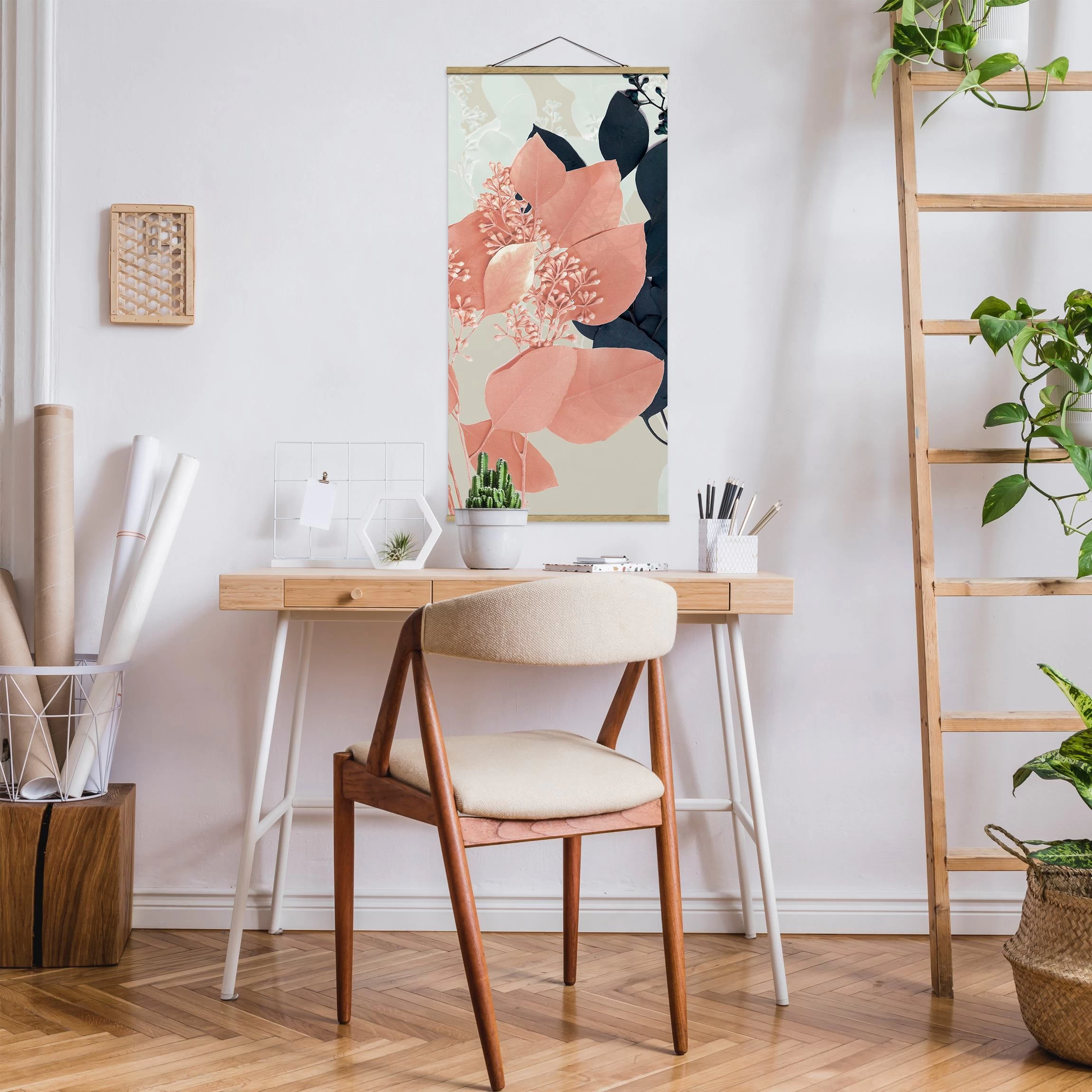 Stoffbild Mit Posterleisten - Blätter Indigo & Rouge III In Rosa – Bild 4