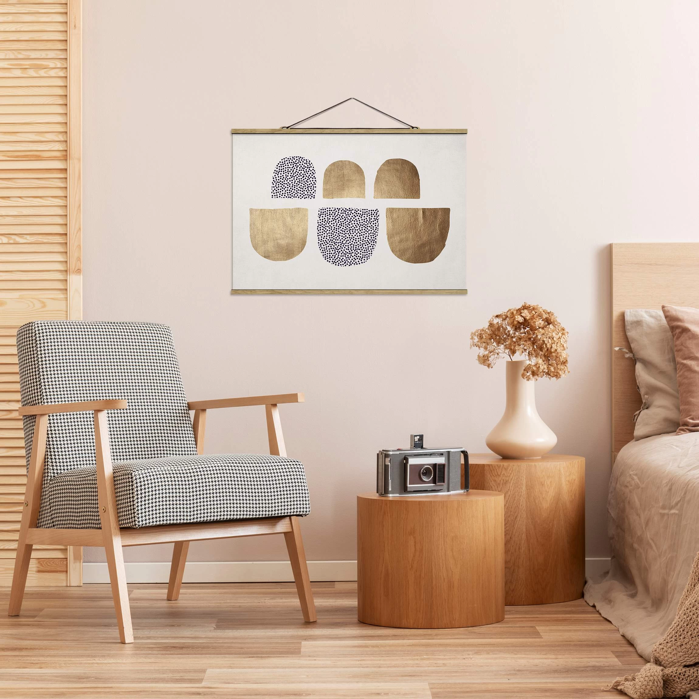 Stoffbild Mit Posterleisten - Geometrischer Halbkreis III In Gold – Bild 3