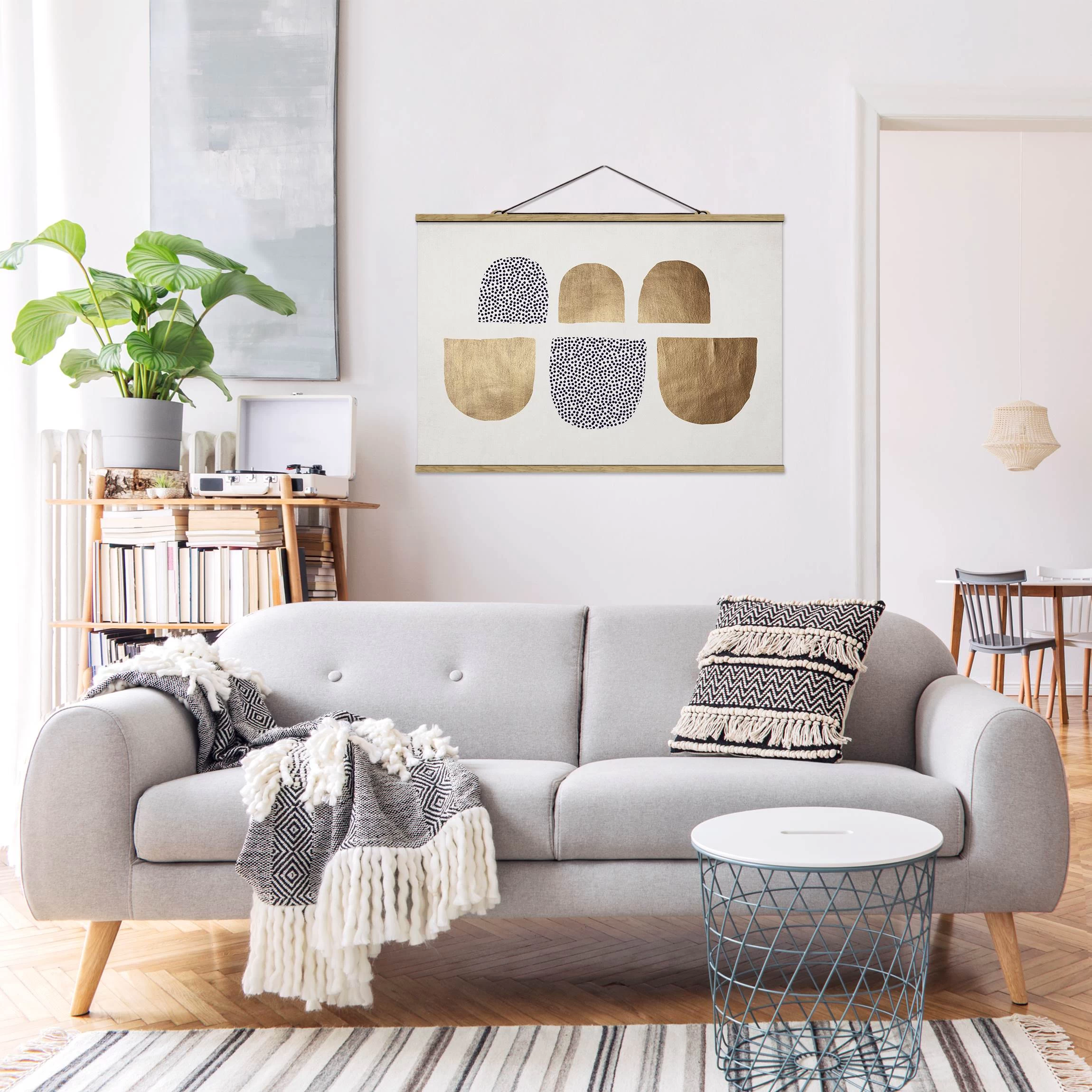 Stoffbild Mit Posterleisten - Geometrischer Halbkreis III In Gold – Bild 4