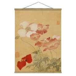 Stoffbild Mit Posterleisten - Yun Shouping - Mohnblumen In Creme-Beige