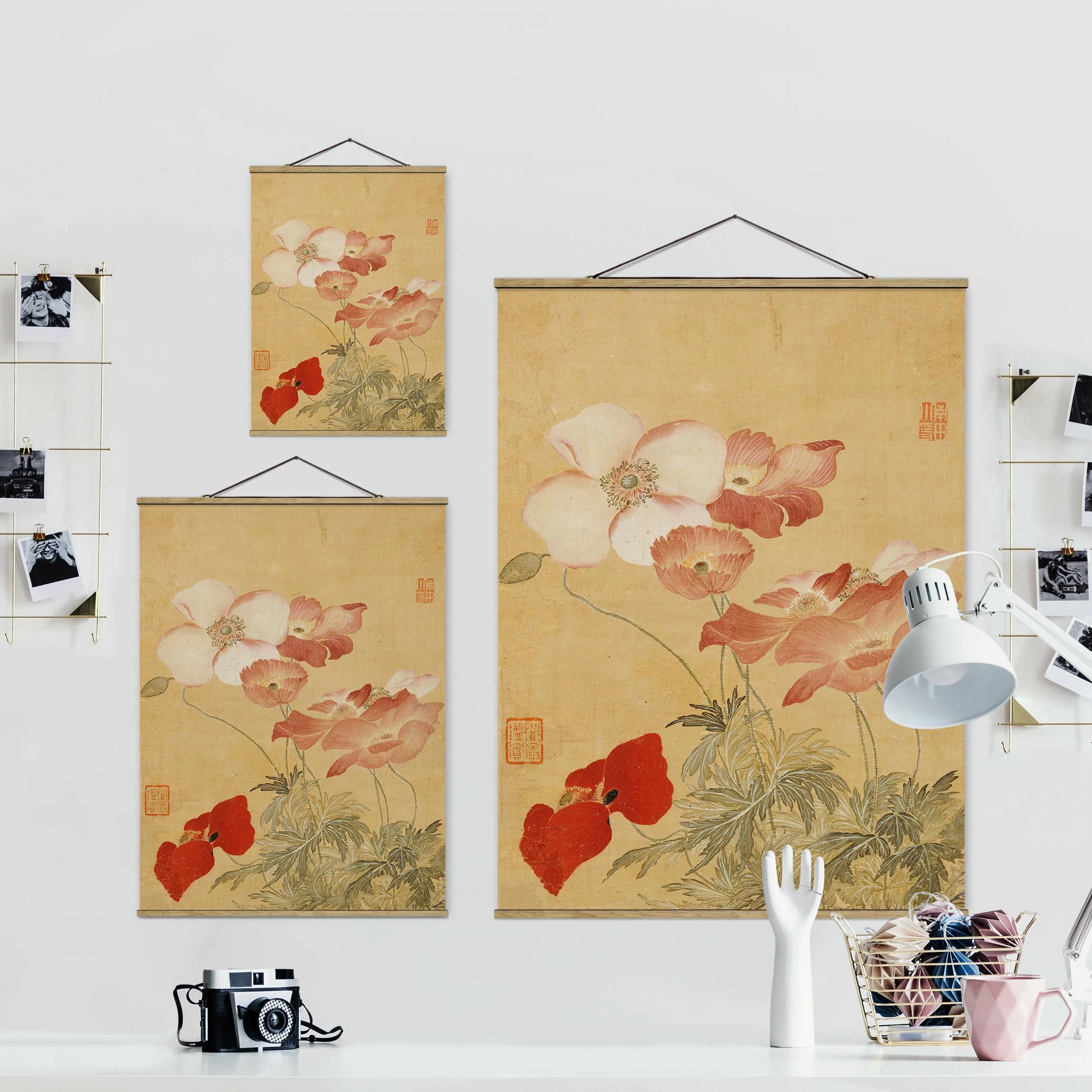 Stoffbild Mit Posterleisten - Yun Shouping - Mohnblumen In Creme-Beige – Bild 7